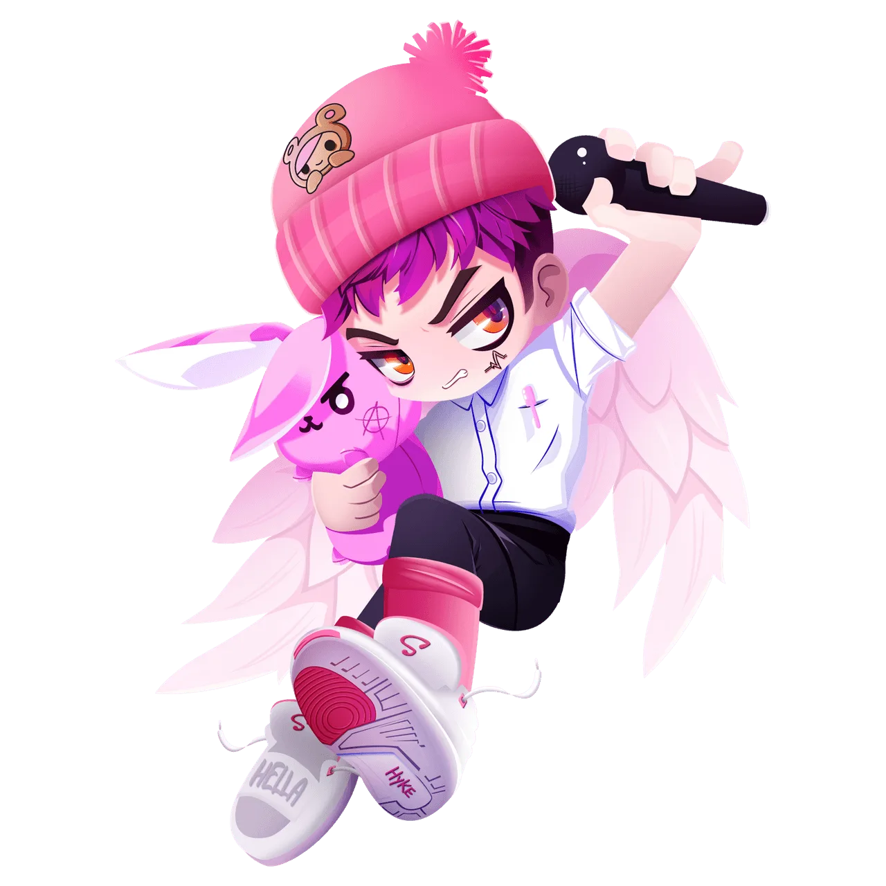 Floating pink-haired character holding a microphone