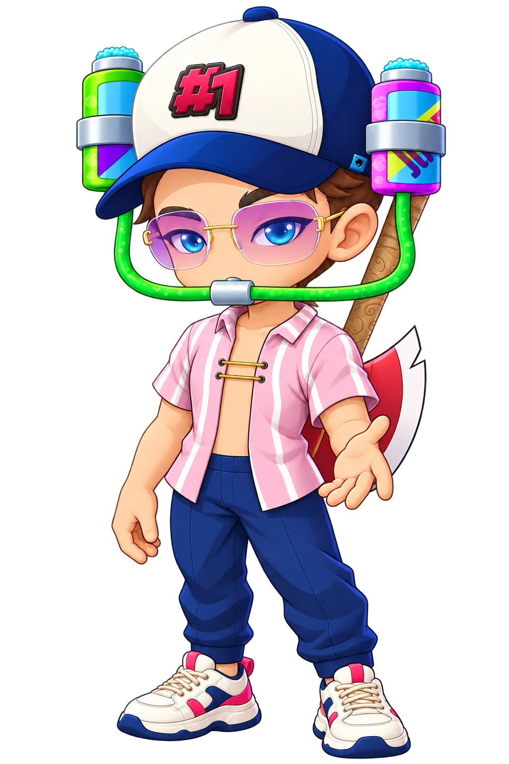 Jotie offering a hand, wearing his two-can juice hat and pink glasses